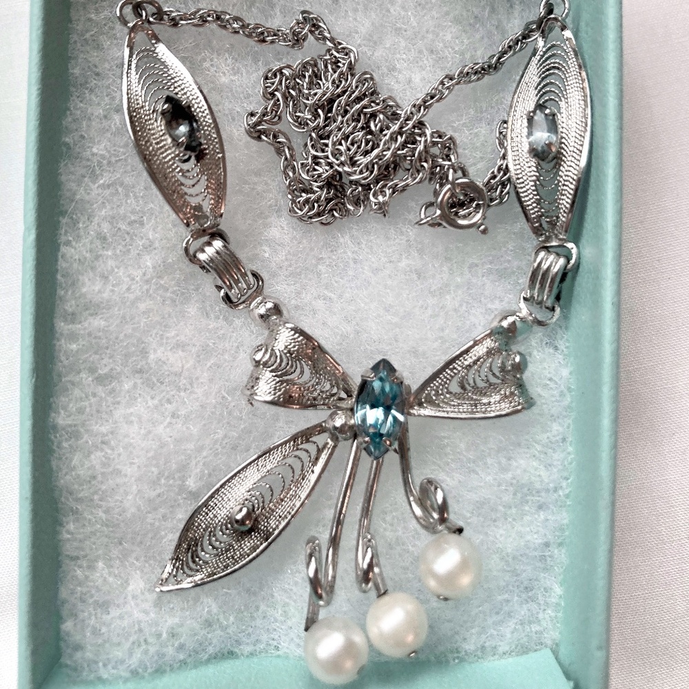 Silver Tone Filigree Pendant Necklace with Blue Crystals and Faux Pearls